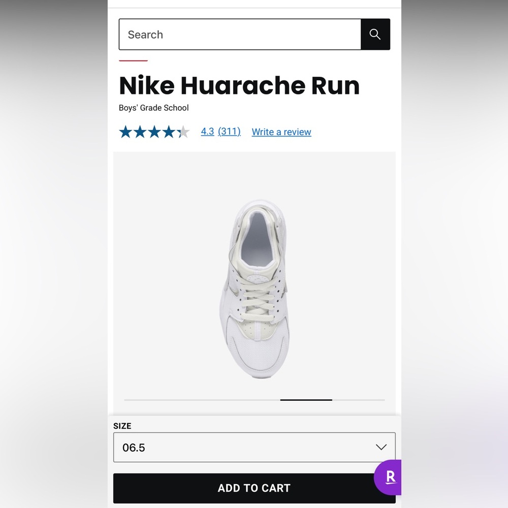 Nike Huarache Run  NWOB WHITE 6.5 y or 8 in women’s